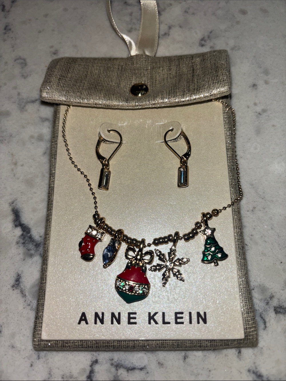 Anne Klein Holiday Charm Necklace & Earrings - Red Green gold tone